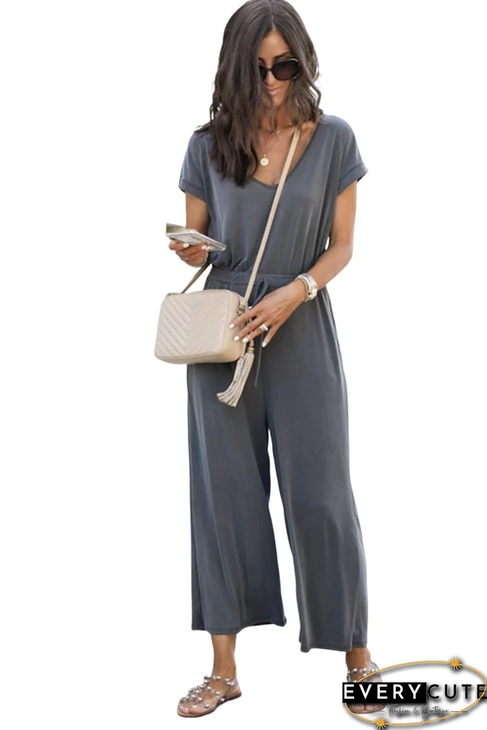 Gray Drawstring Waist Short Sleeve Wide Leg Jumpsuit