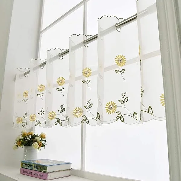 Valance for Window Yellow Flower Curtain - Farmhouse Daisy Kitchen Curtain, Cafe Net, H 27 x W 70 Inch, 1 Panel
