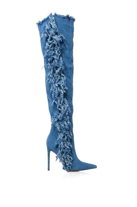 VCSHOES Women Pointed Toe Tassel Over The Knee Long Boots Blue Denim Gladiator Boots High Heel Jeans Boots Shoes 44