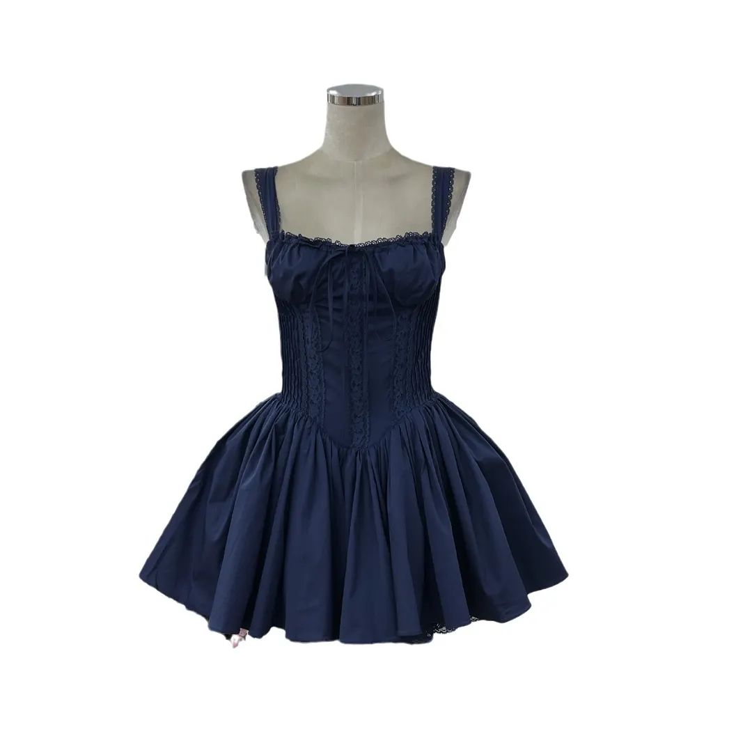 Brownm British Fashion Light Luxury Elegant Lace Side Heavy Industry Car Strip Court Strap To The Waist Solid Color Dress Short