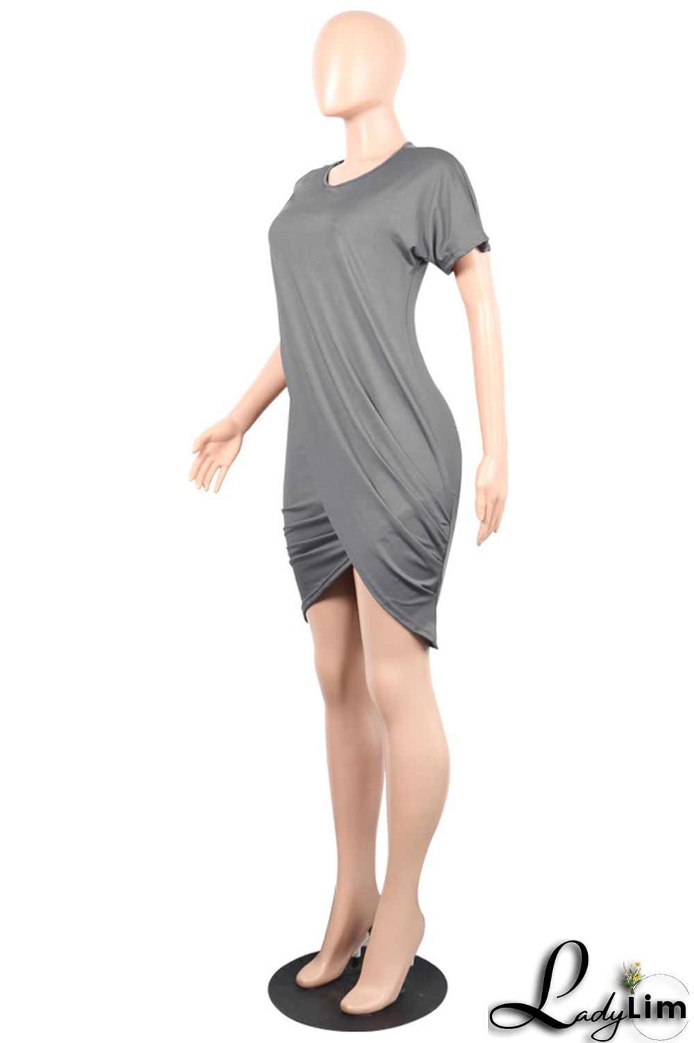 Grey Fashion Casual Solid Split Joint O Neck Short Sleeve Dress