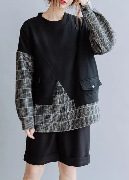 Natural black patchwork plaid Blouse o neck Knee blouses