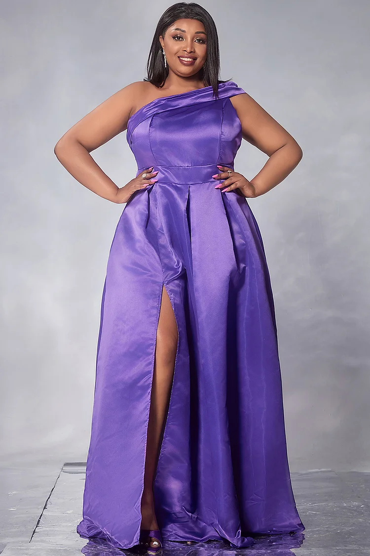 Xpluswear Design Plus Size Formal Maxi Dresses Elegant Purple Fall Winter Oblique Collar Split Satin Maxi Dresses [Pre-Order]