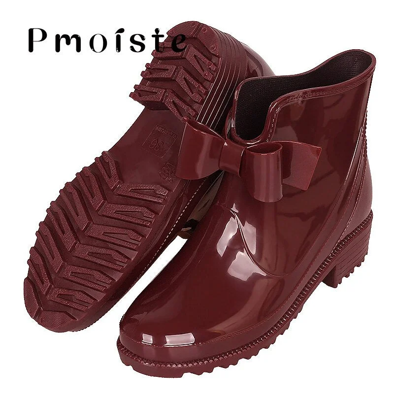 Rain Boots Women Plus Size 43 Fashion Butterfly Knot PVC Solid Waterproof Rubber Boots for Women Slip On