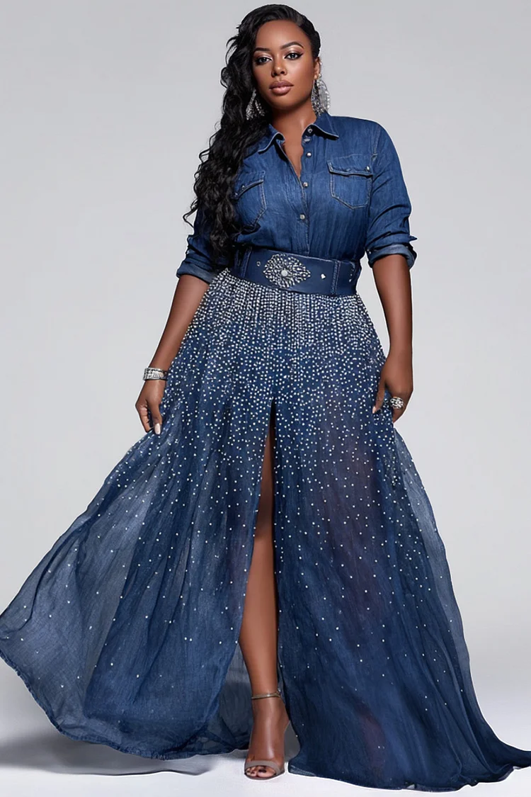 Xpluswear Design Plus Size Business Casual Blue Shirt Collar Long Sleeve Split Elegant Drilling Tencel Denim Maxi Dresses [Pre-Order]