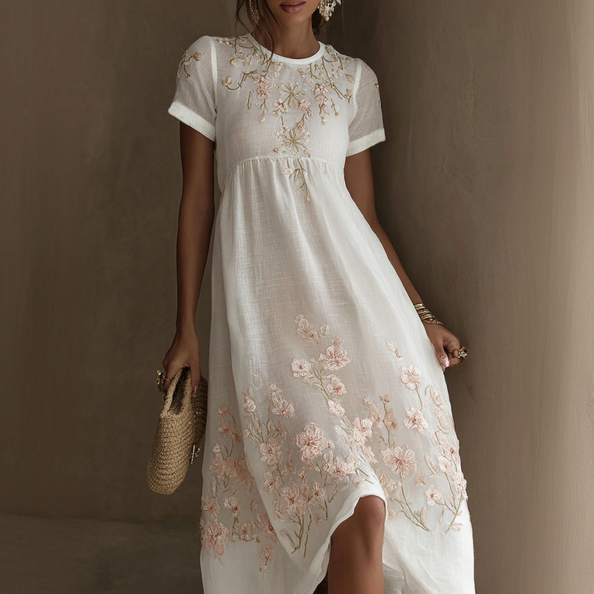 Comstylish Women's Floral Art Embroidery Cotton Linen Casual Round Neck Dress