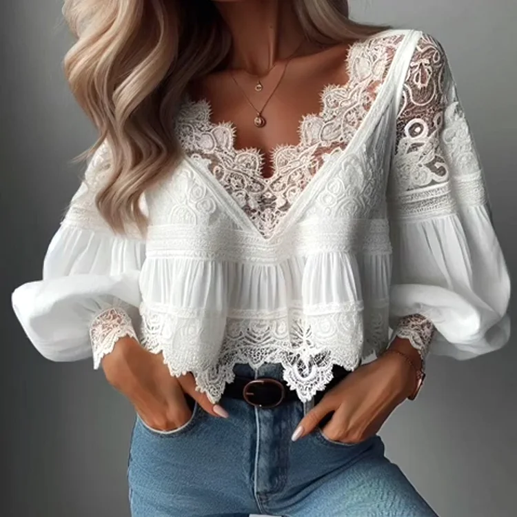 Everyday Lace Patchwork V Neck Lantern Sleeve Irregular Hem Blouse