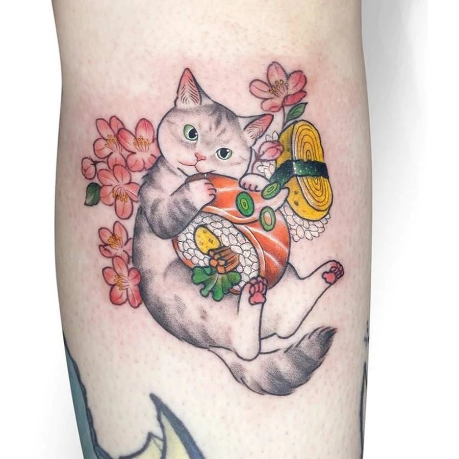 Gingf Sushi Eating Cherry Cat Cute Sakura Cartoon Anime Temporary Tattoos Waterproof Fake Tatoo Body Tatto Art Sticker