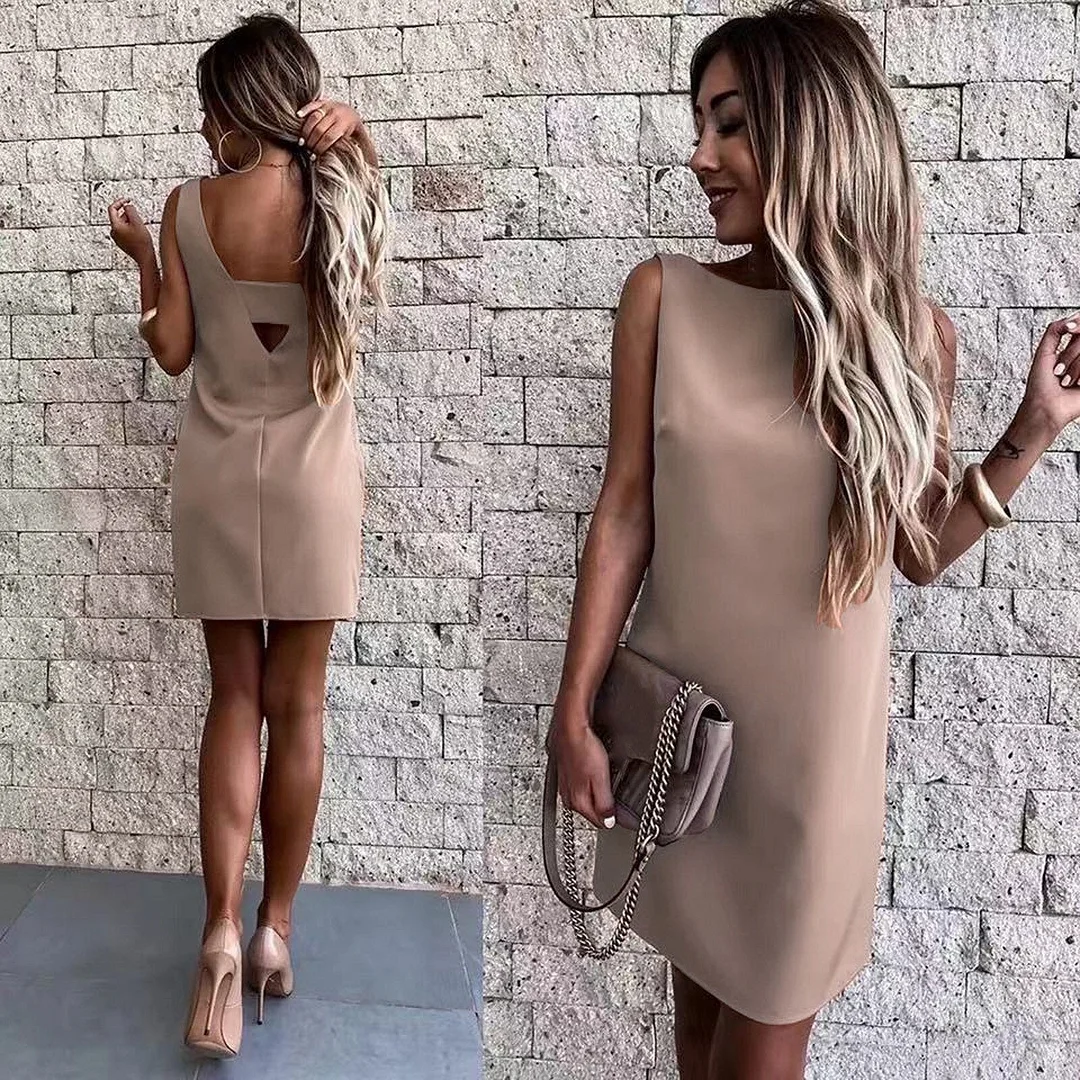 Fashion Solid Summer Dress Sexy O-Neck Backless Casual Office Work Dress Sleeveless Short Bodycon Evening Party Dress Women