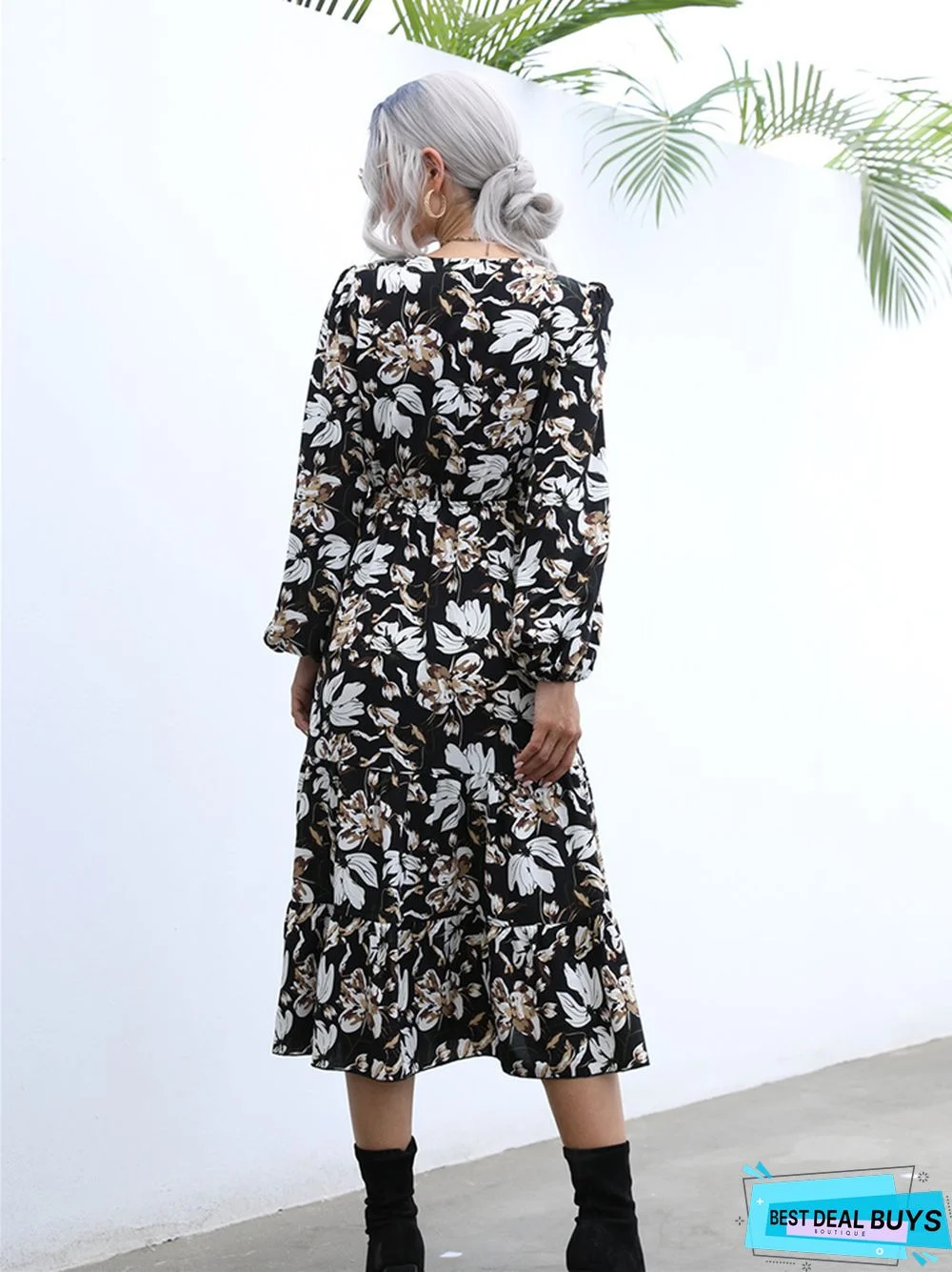 V-Neck Bubble Sleeve Printed Women's Long Sleeve Big Hem Medium Long Dress