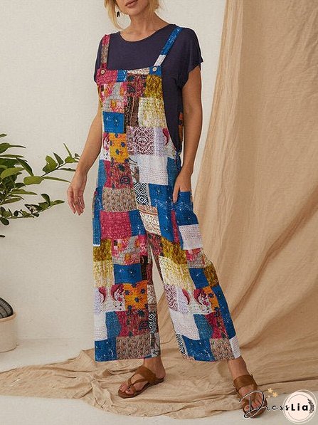 Women's Clothing Bohemian Character Print Suspenders Jumpsuit