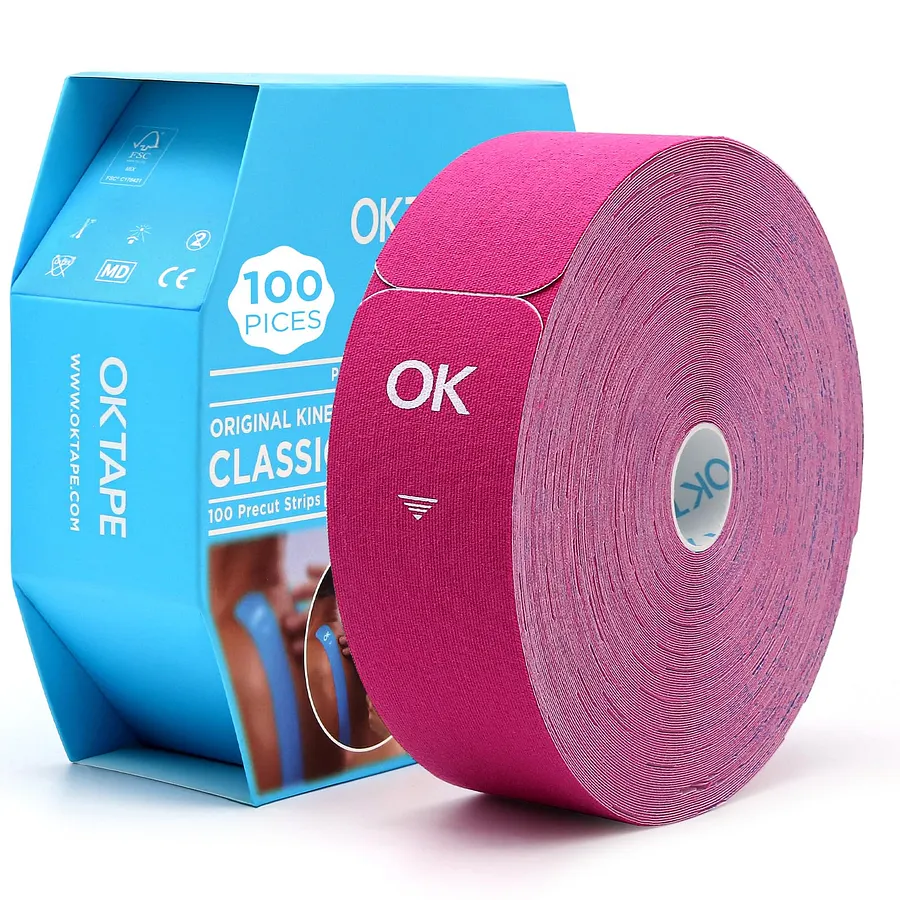 Rouleau De Tape Kinésiologie OK Tape - 20 Bandes Précoupées 10 Pouces, Coton élastique Rose, Valide Jusqu'en 04/2027