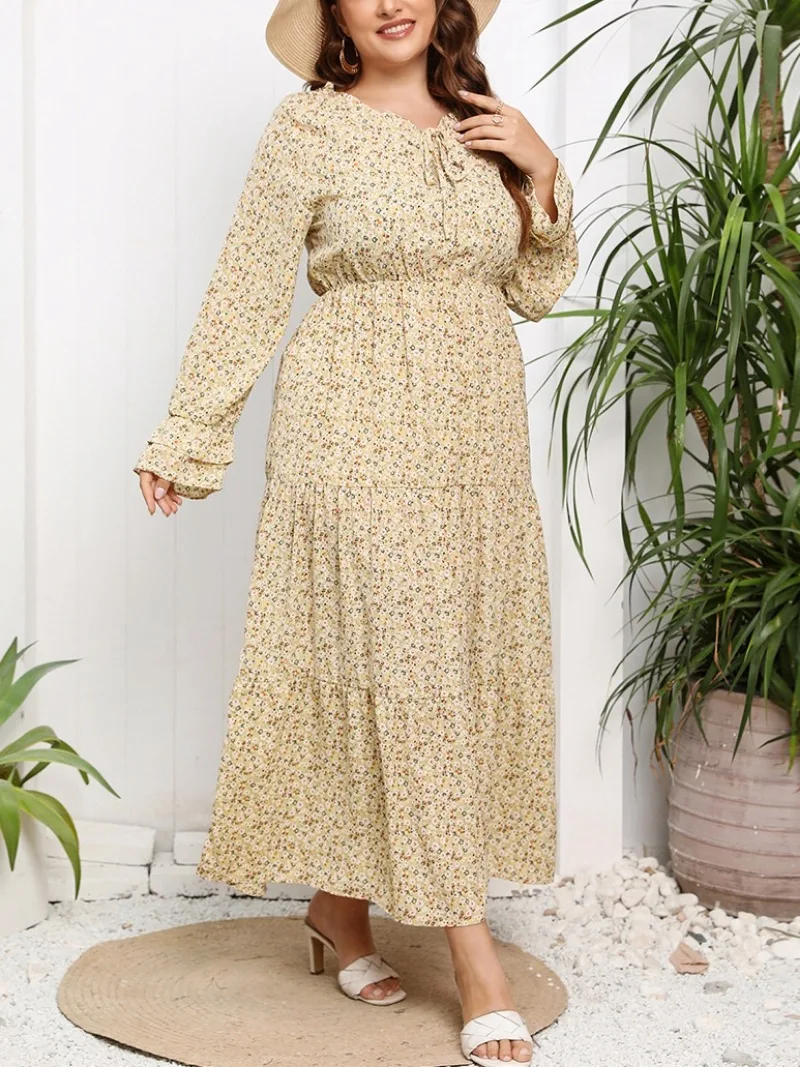 Fashionable Women's Chiffon Floral Super Fairy Casual Elegant Dress with Round Neck Petal Sleeves  Fresh and Sweet Long Skirt