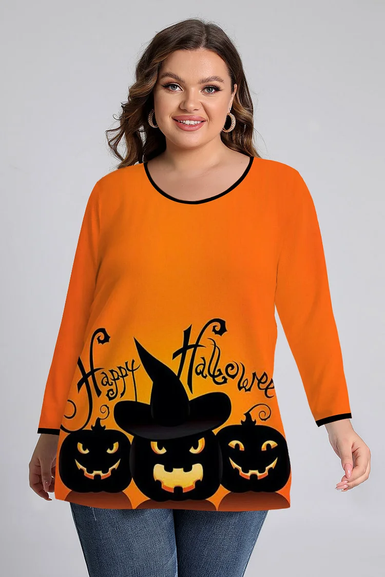 Flycurvy Plus Size Halloween Orange Print Round Neck Long Sleeve T-Shirt  Flycurvy [product_label]