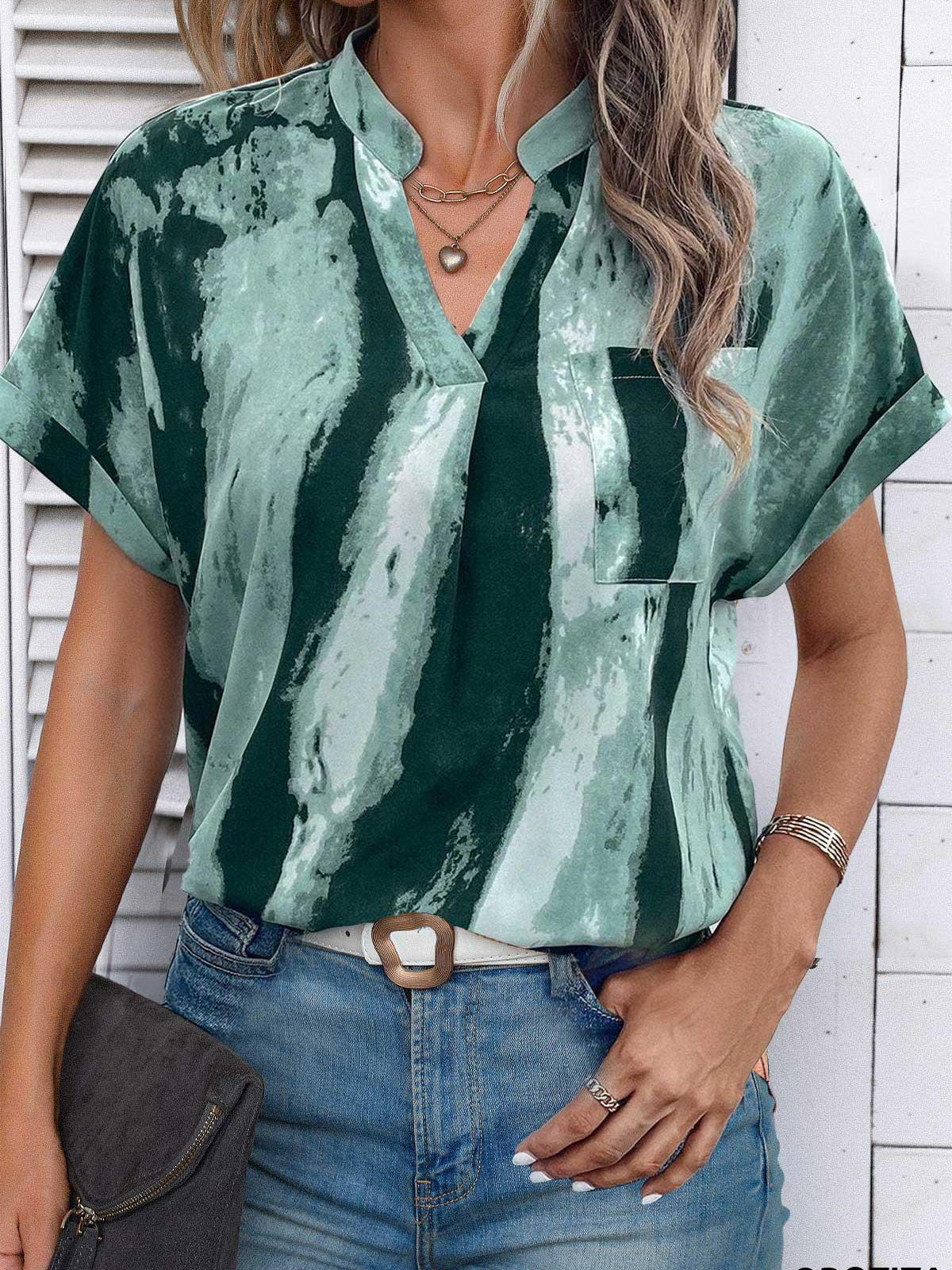 Women Short Sleeve V-neck Striped Printed Graphic Button Tops