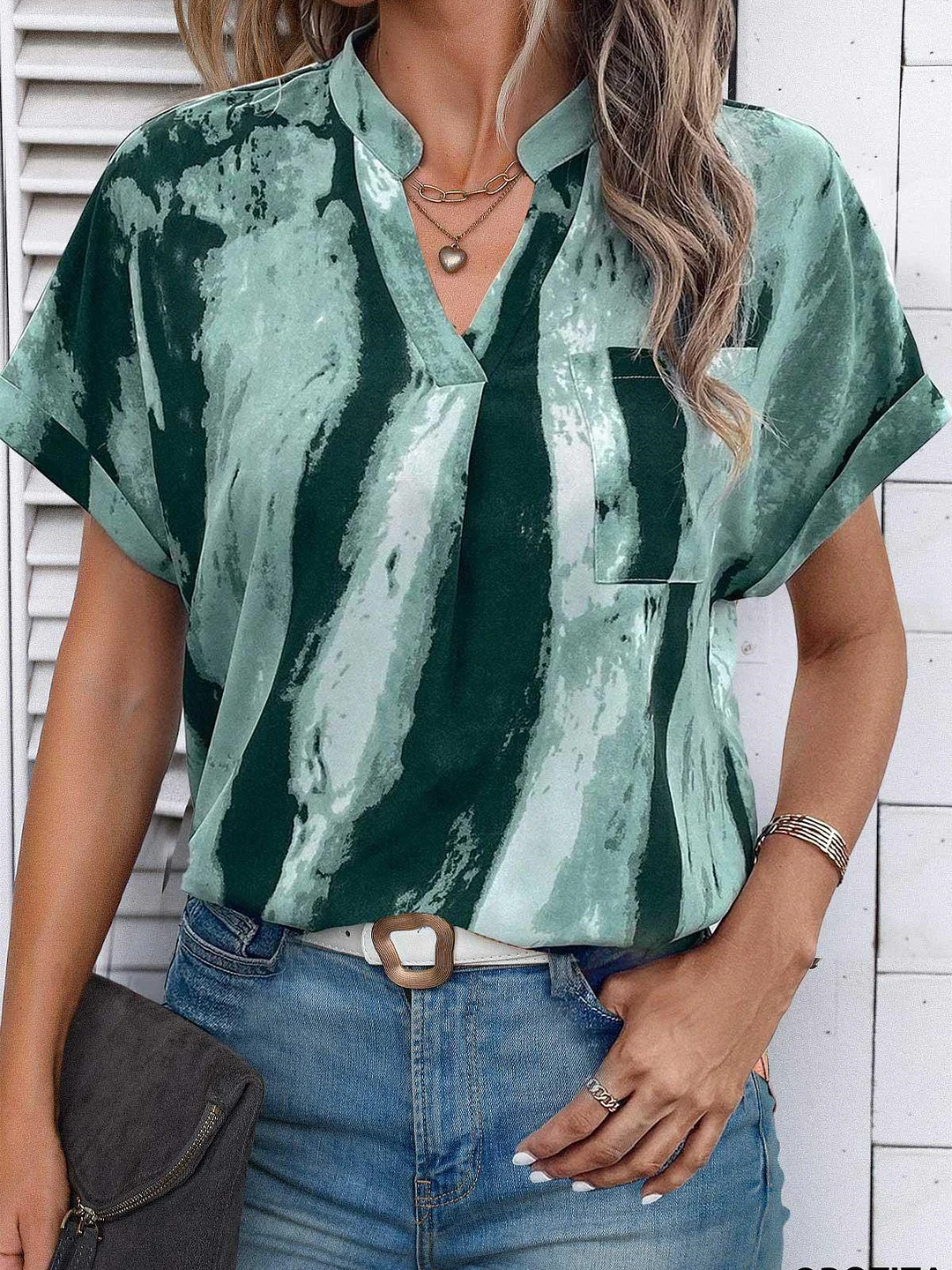 Women Short Sleeve V-neck Striped Printed Graphic Button Tops