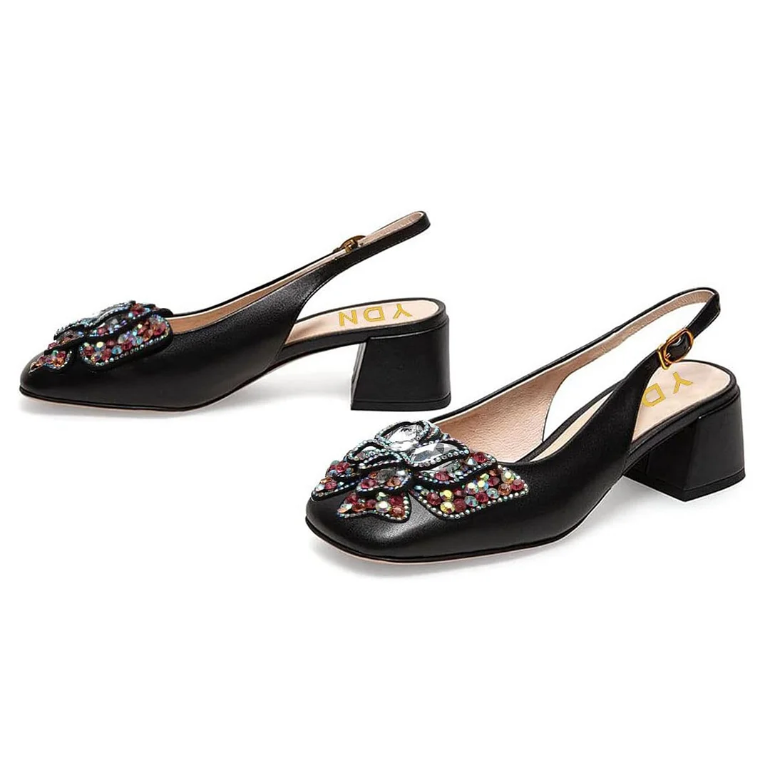 Black Vegan Leather Rhinestone Butterfly Decor Slingback Pumps