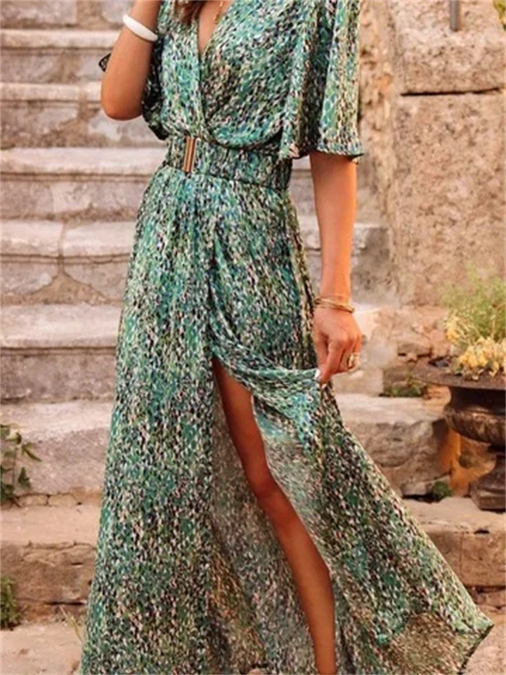 New Summer Printed Short Sleeve Dress Slim-fit Long Dress