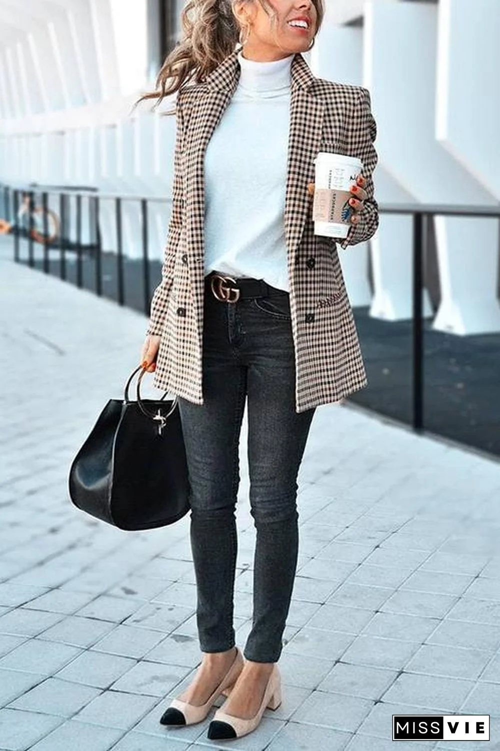 Plaid Button Long Sleeve Blazer