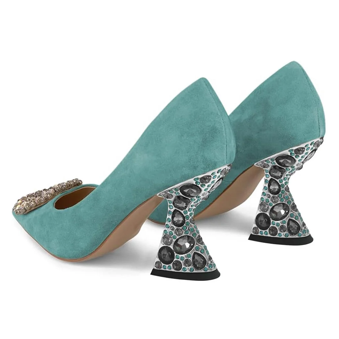 Turquoise Faux Suede Floral Rhinestone Embellished Pumps for Ladies