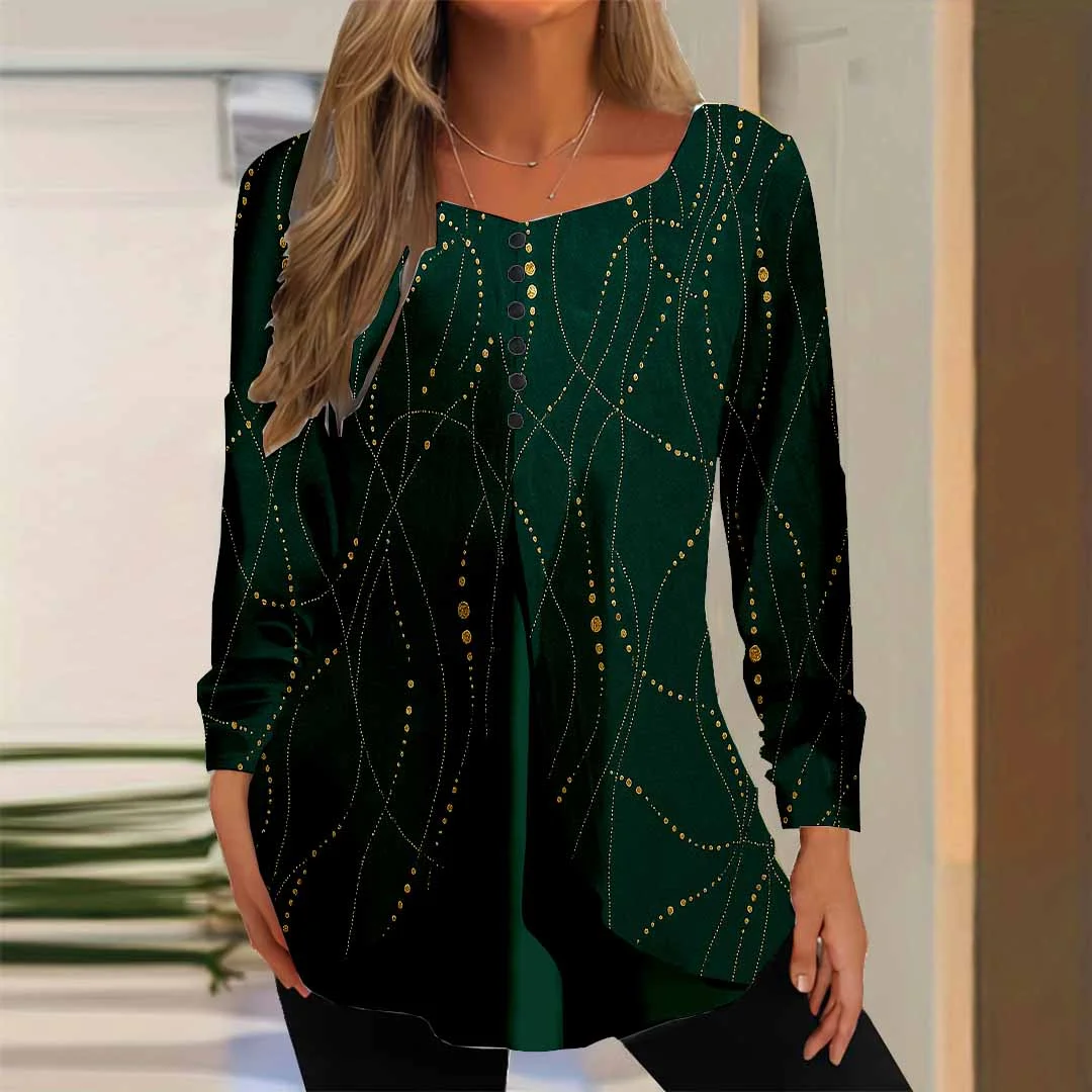 Women Striped,Green DZGG8279 Long Sleeve Scoop Neck Printed Graphic Button Fake 2in1 Tops