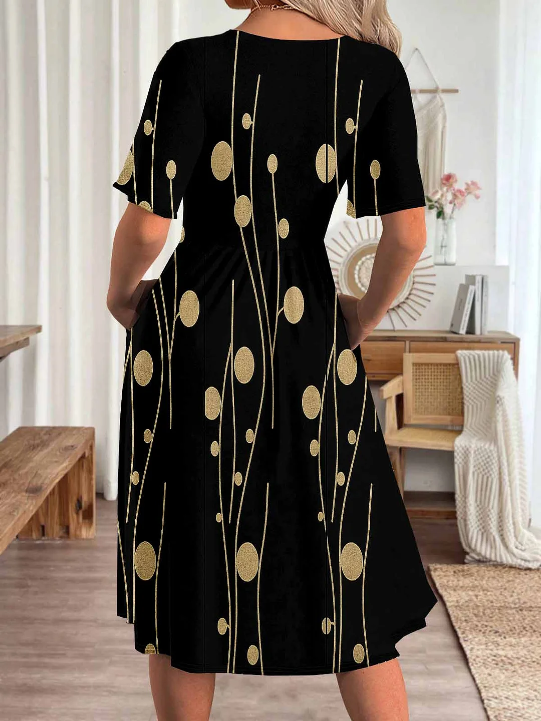 Women Polka Dot,Black DZHA8035 Short Sleeve Scoop Neck Graphic Printed Hollow Midi Dress
