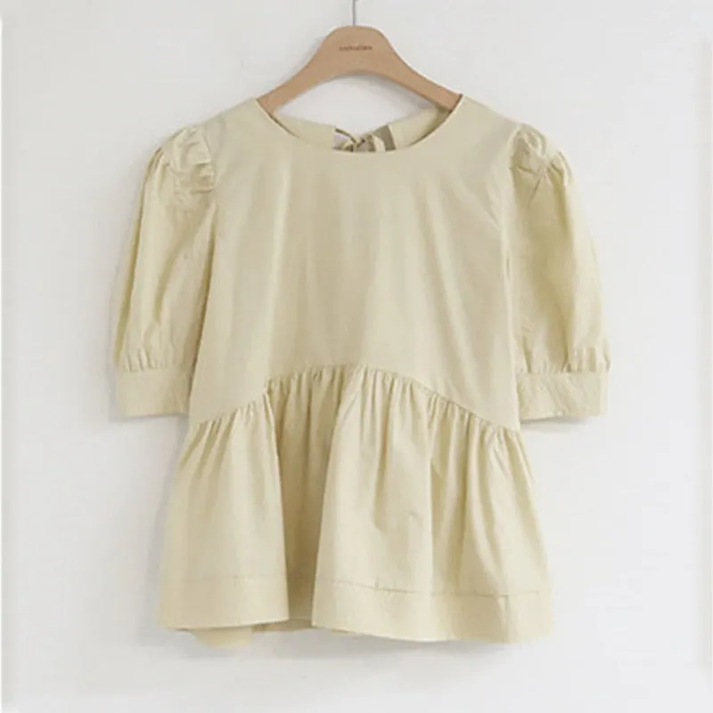 Summer New 2021 Solid Cotton White Blouse Korean Version Sweet Cute Round Collar Bubble Short Sleeve Shirt Blusa Feminina 14038