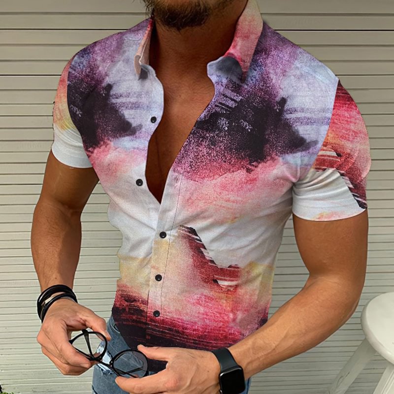 Tie Dye Short Sleeves Casual Holiday Beach Men Blouse Shirts-VESSFUL