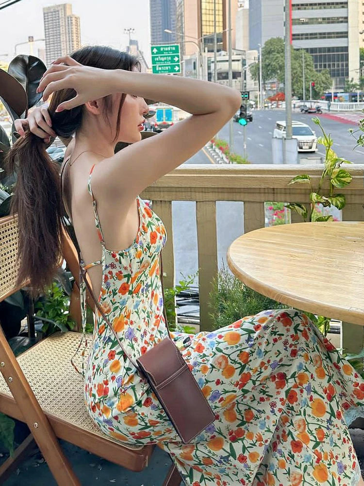 Llyge 2024 Summer Women Straps Sexy Backless Print Flower Maxi Dress Lace Patchwork Y2K Club Vocation Evening Party Wholesale llyge