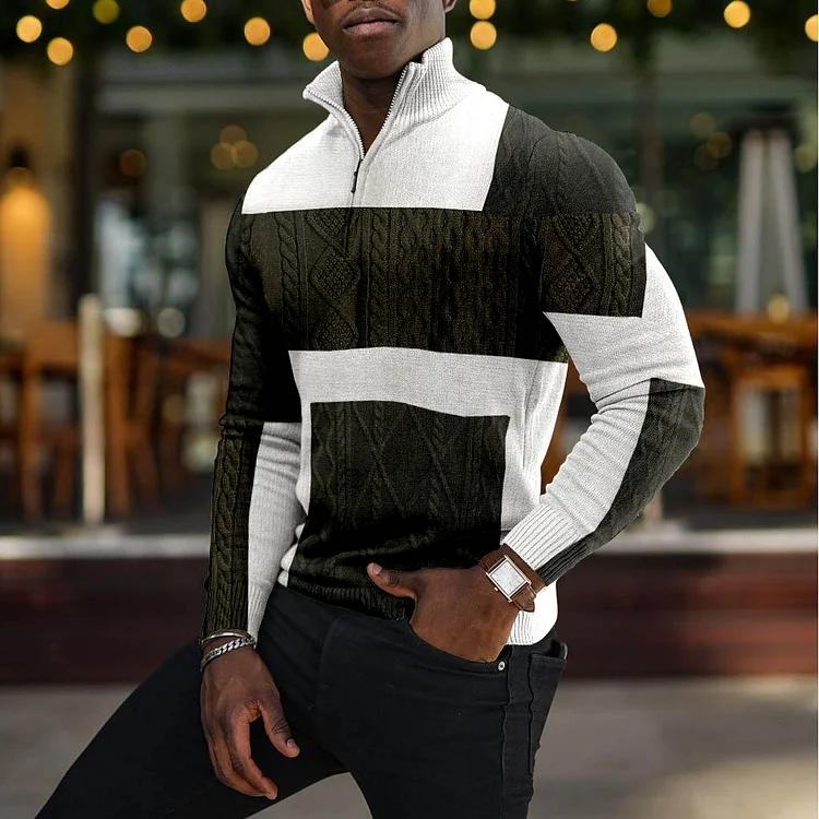 LONG SLEEVE RETRO MEN'S HIGH NECK ZIPPER SWEATER