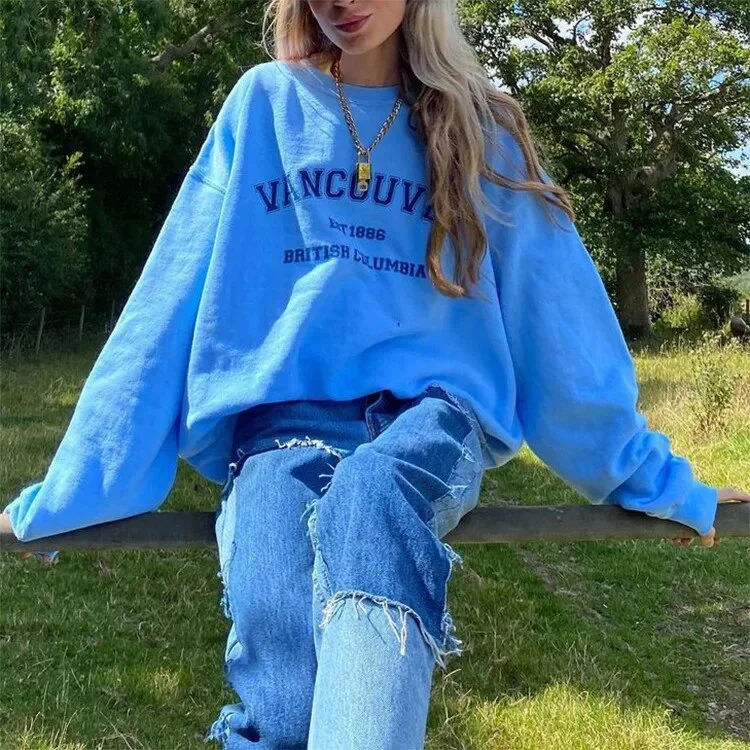 Jangj Blue Letter Print Vintage Preppy Style Oversized Sweatshirt for Teens Girls Casual Loose Long Sleeve Harajuku Tops Clothes