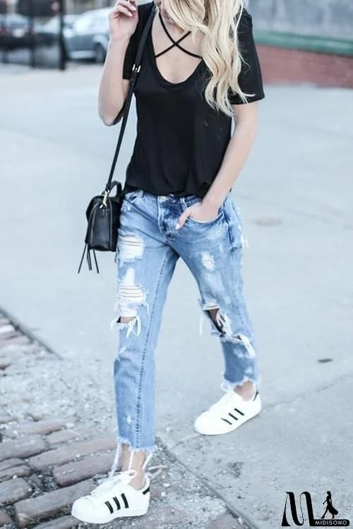 MidiSono - Cross Hollow Short sleeve T Shirt