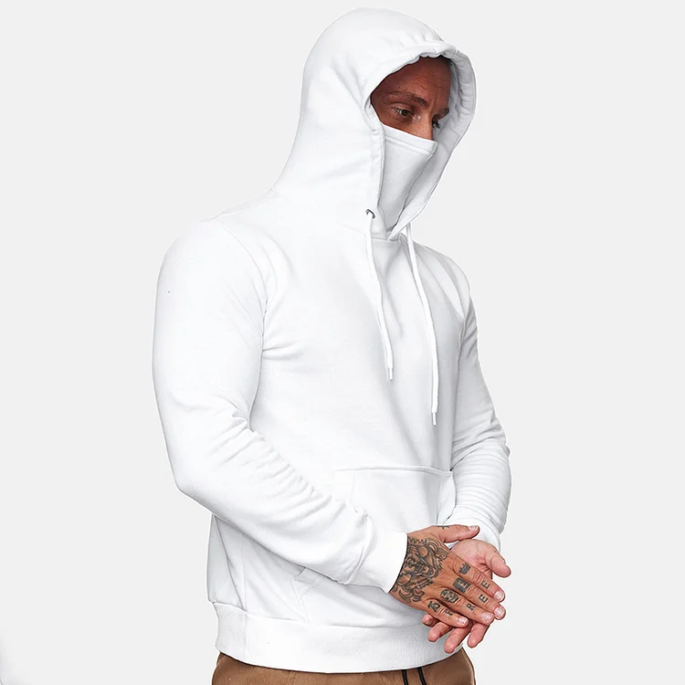 Men's Sporty Pocket Drawstring Solid Long Sleeve Mask Hoodie