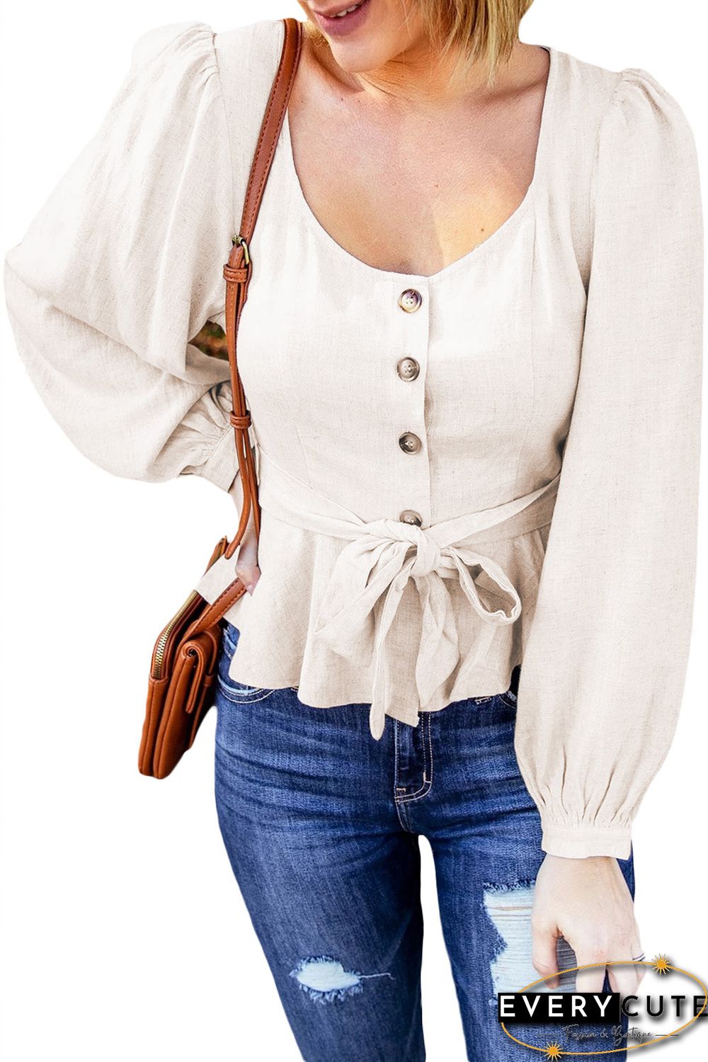 Puff Sleeve Peplum Top with Belt