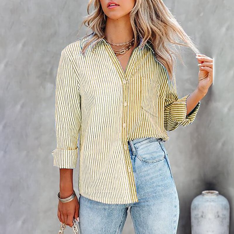 Striped Printing Color Contrast Cardigan Single-breasted Shirt Blouses