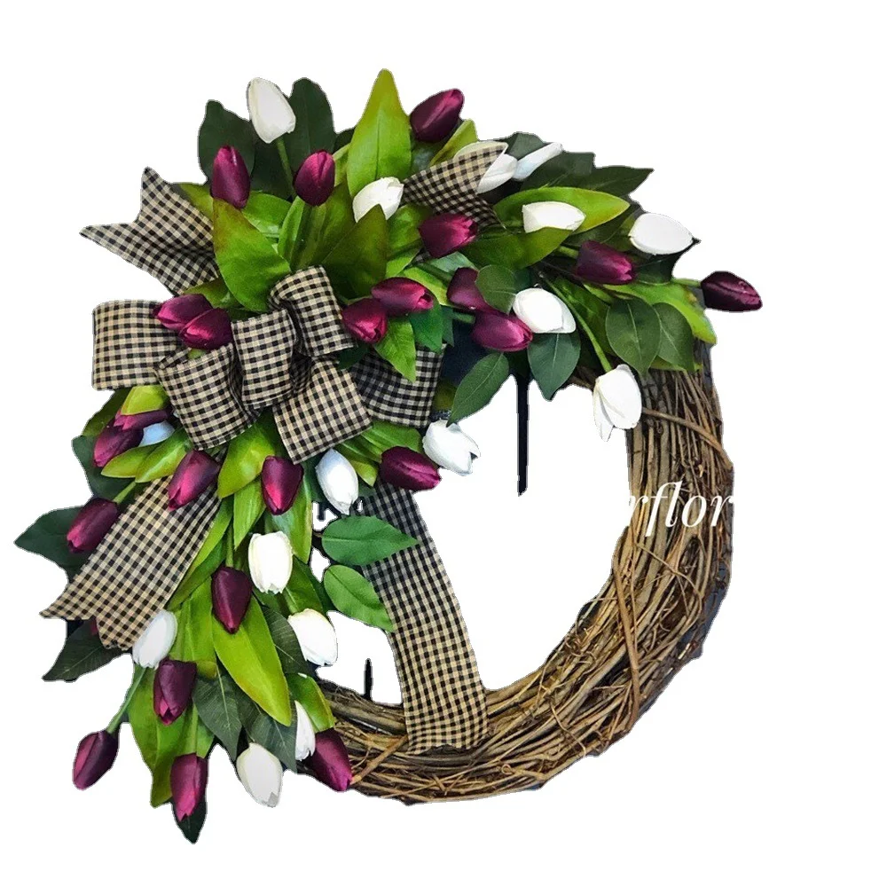Spring natural rattan circle simulation tulip wreath props decoration