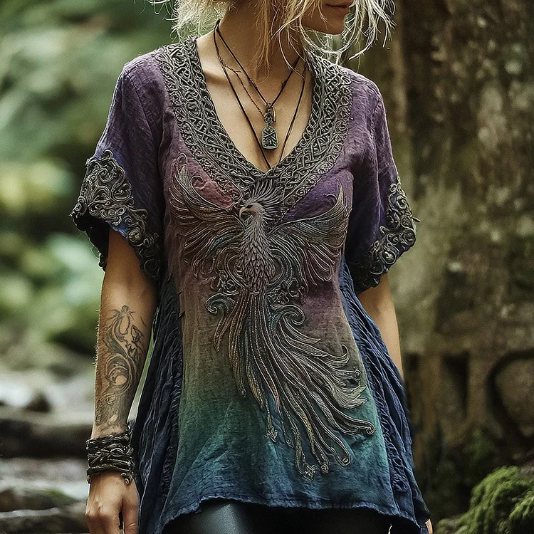 Women's Viking Celtic Knot Phoenix Totem Gradient T-shirt