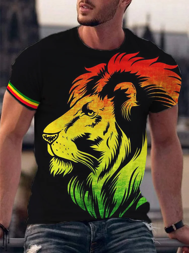 Men's Reggae Lion Head Print Casual T-Shirt
