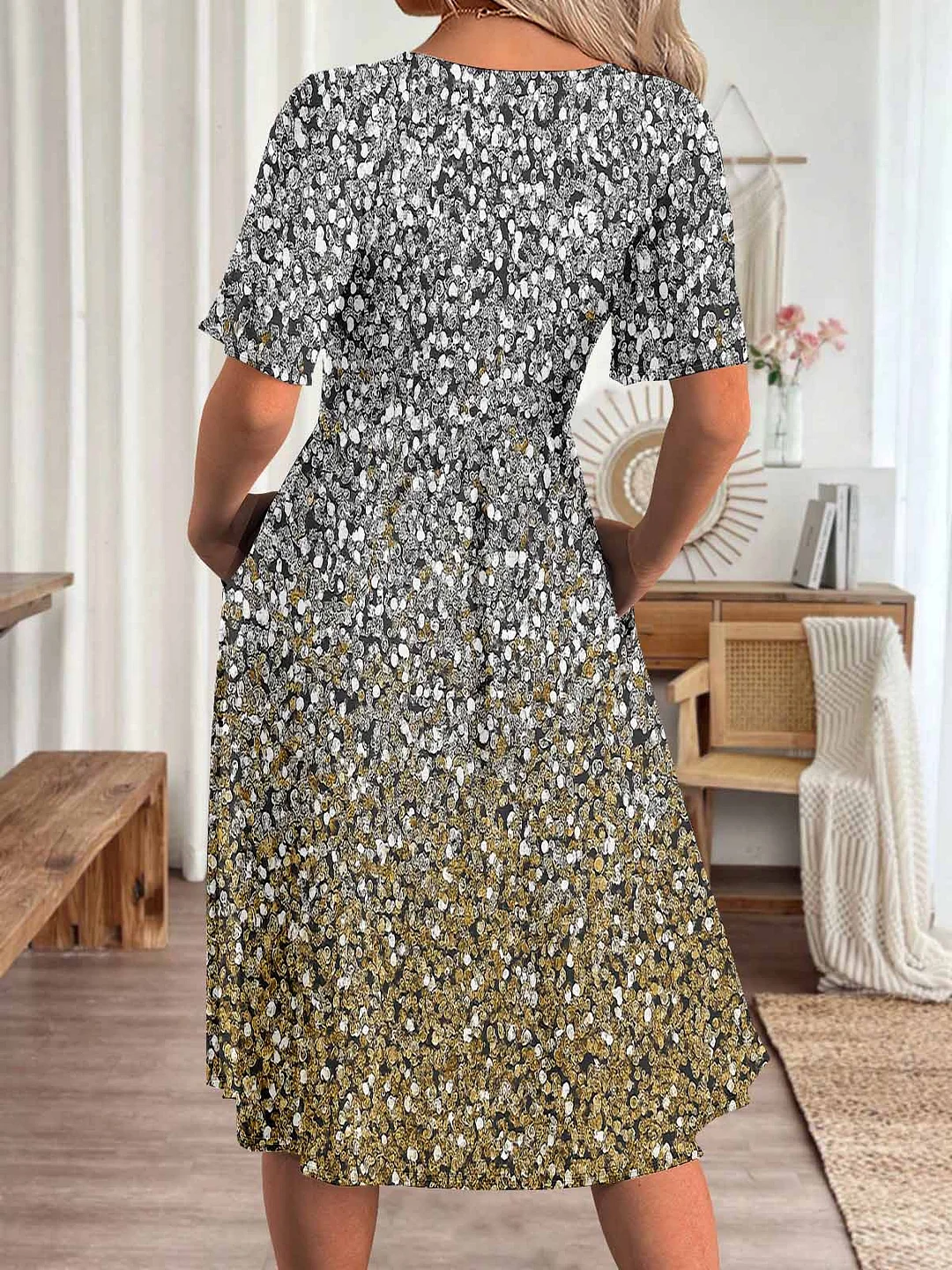 Women Colorblock,Polka Dot,Yellow DZHA8093 Short Sleeve Scoop Neck Graphic Printed Hollow Midi Dress