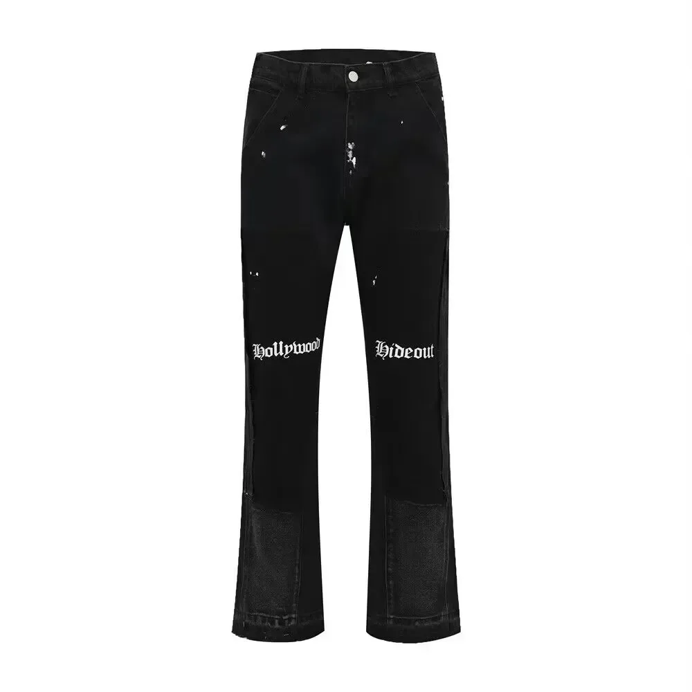 Hedirax fall outfits y2k European and American high street men's washed jeans retro personalized straight-leg splicing flared pants trendy denim trousers