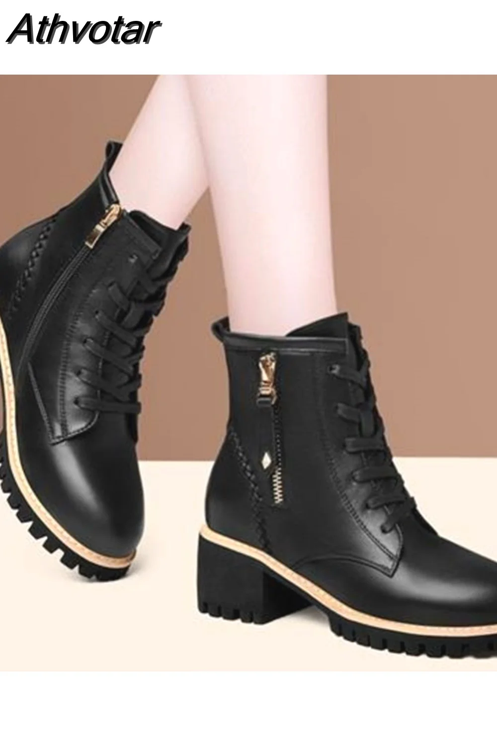 Athvotar Shoes Boots Ankle 2023 Autumn British Wind Genuine Leather Thick With Fur Ladies Short Boots Motorcycle Martin 1020-0