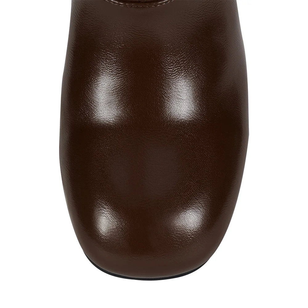 Faux Leather Square Toe Buckle Strap Tall Boots for Women in Brown