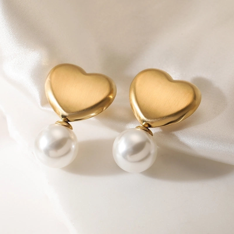 1 Pair Retro Minimalist Heart Shape Inlay 304 Stainless Steel Pearl Drop Earrings