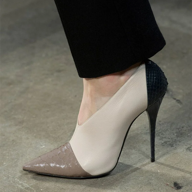 Escarpins pointus à talons aiguilles en beige avec détail peau de serpent Flusfy