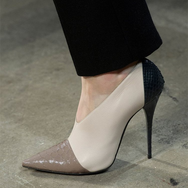 Beige Stiletto Heels Python Pointy Toe Low Cut uppers Trendy Pumps |FSJ Shoes