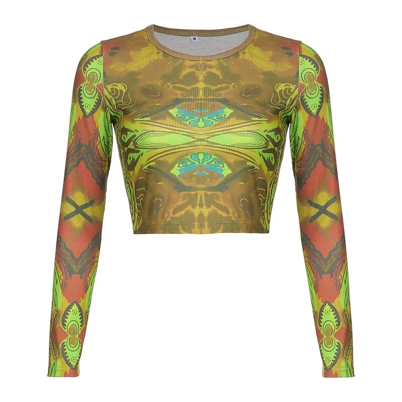 HEYounGIRL Grunge Harajuku Printed Crop Top T Shirt Women 2021 Autumn Basic Long Sleeve Gothic T-shirt Ladies Streetwear 90s