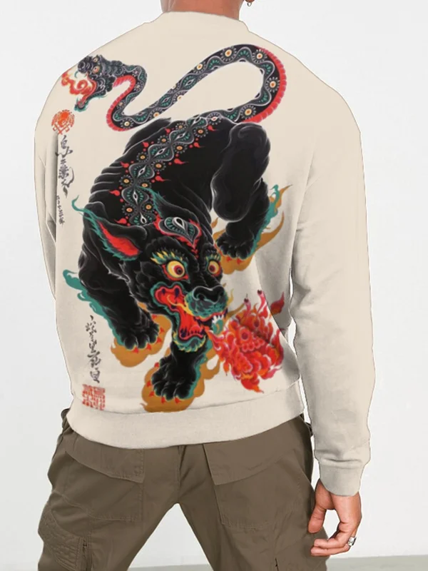 Men's Fire Breathing Black Tiger Art Printed Casual Sweatshirt