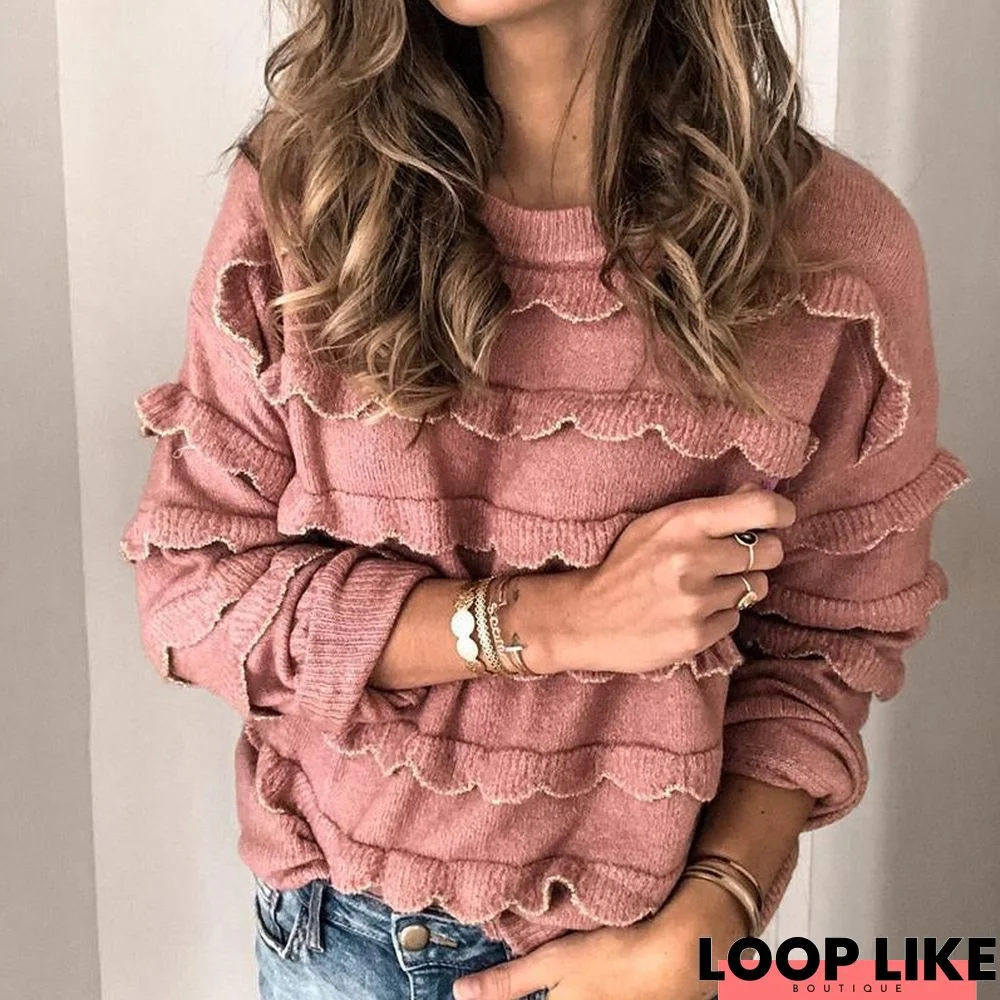 Casual Round Neck Long Sleeve Pure Color Sweater