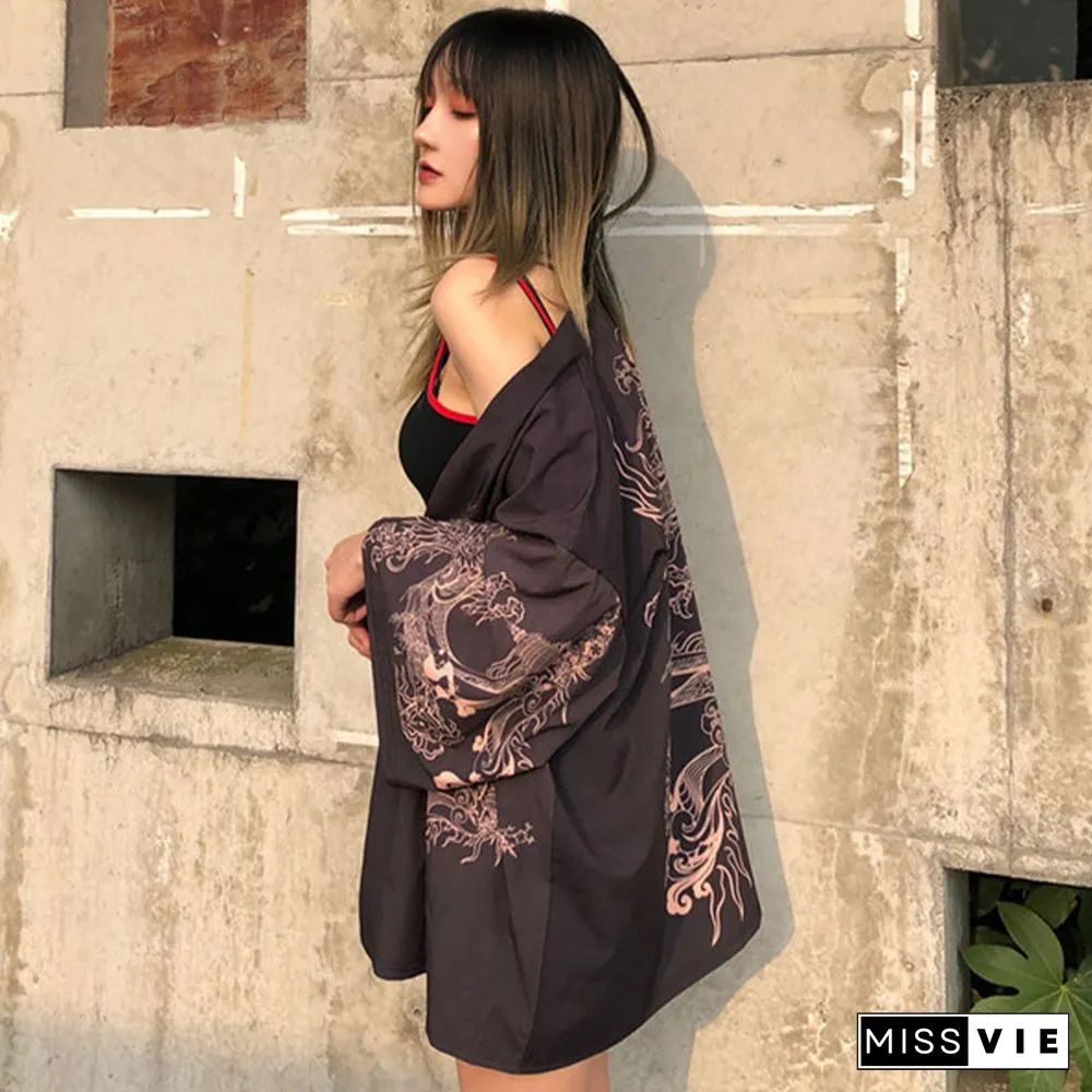 Vintage Dragon Print Kimono Outerwear