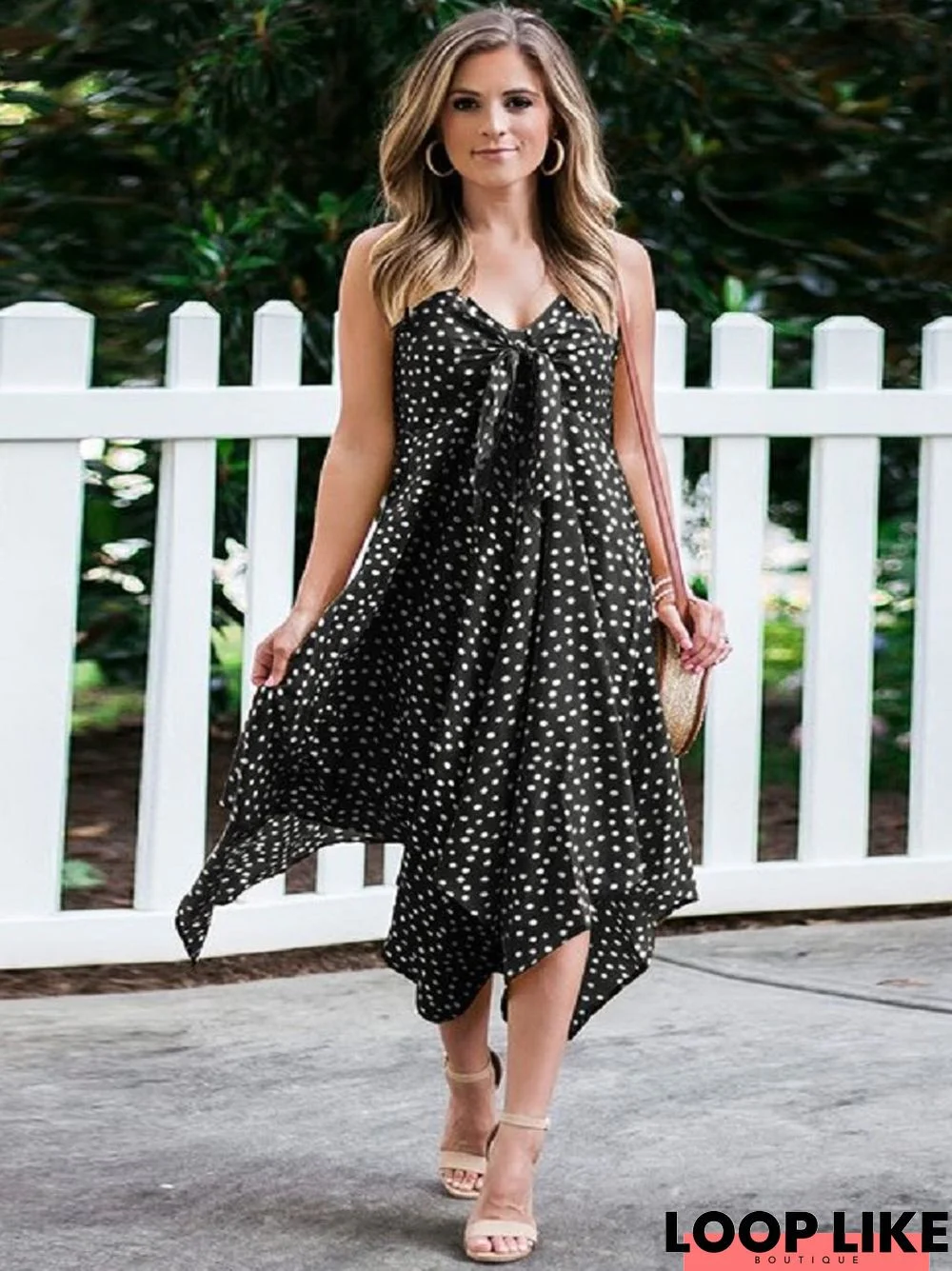 Dot Printed Suspender Big Swing Dress Black Dresses